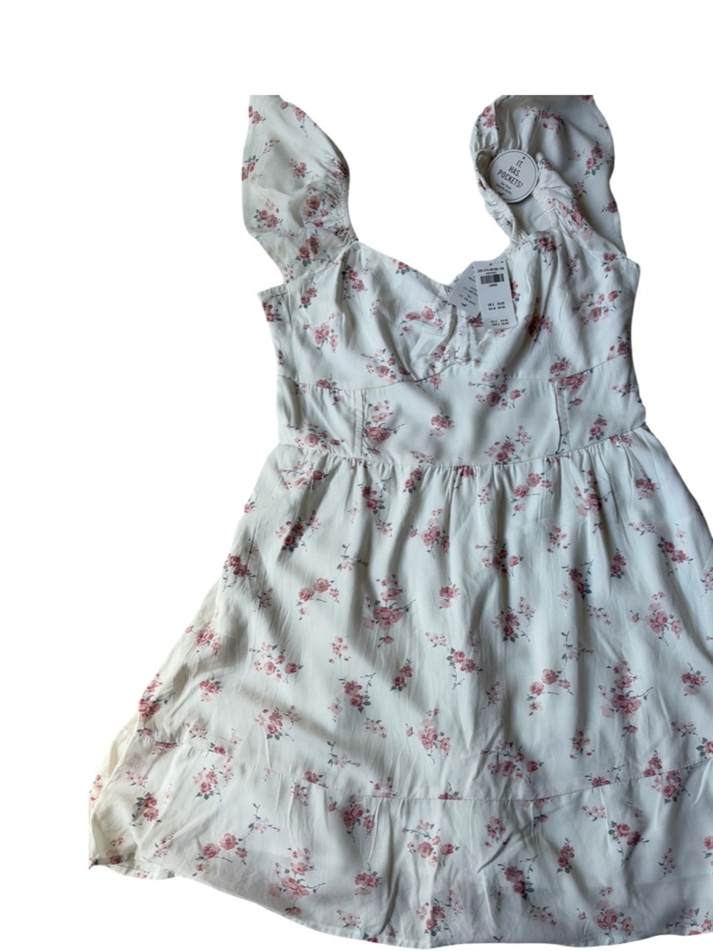 Floral Ruffle Sleeve Sun Dress - White with Pink Blossoms - Picture 4 of 4
